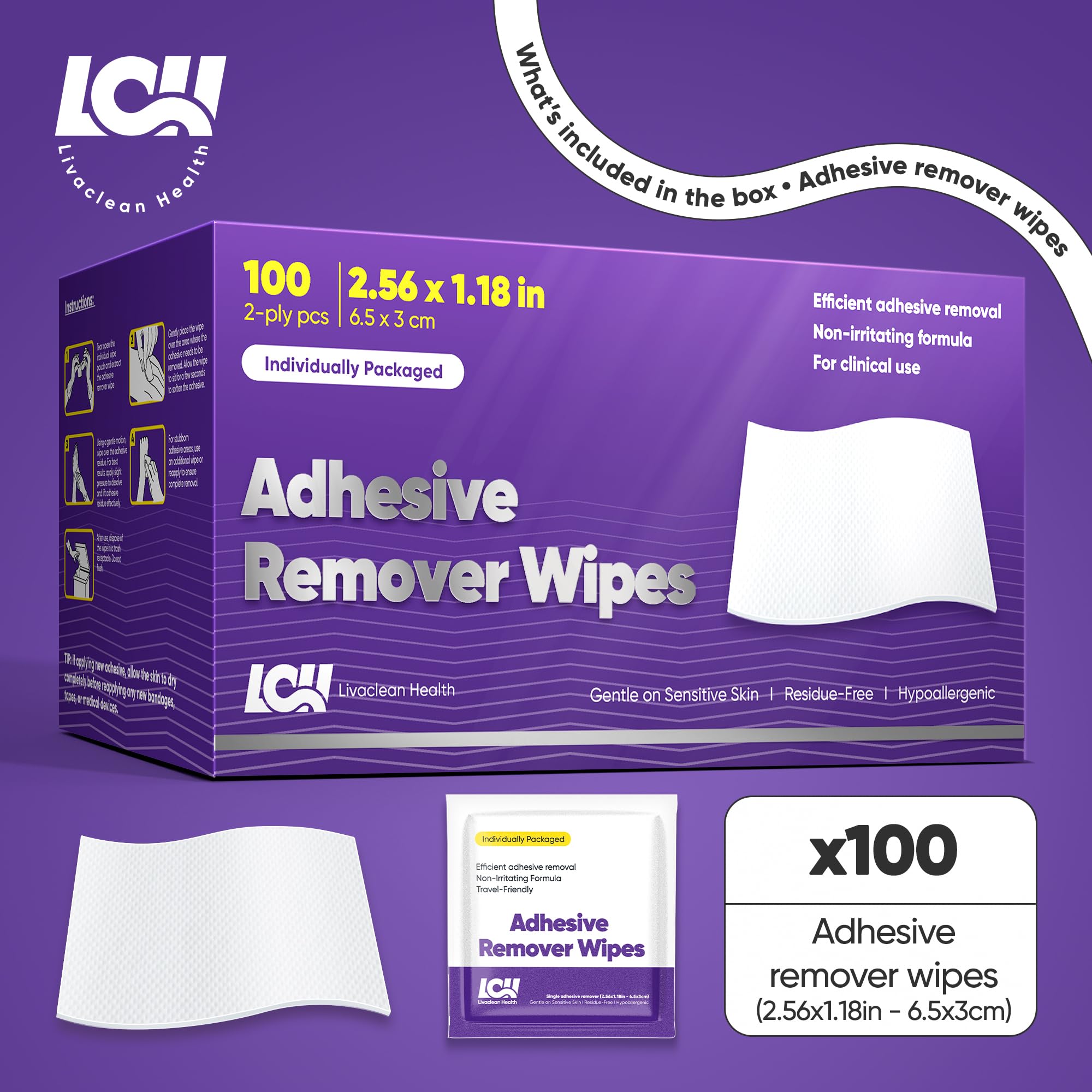 Livaclean Health adhesive remover wipes pack open for easy single-use residue removal.