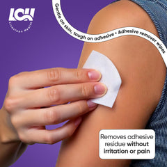 Livaclean Health wipes on-the-go in a compact case for quick adhesive removal.