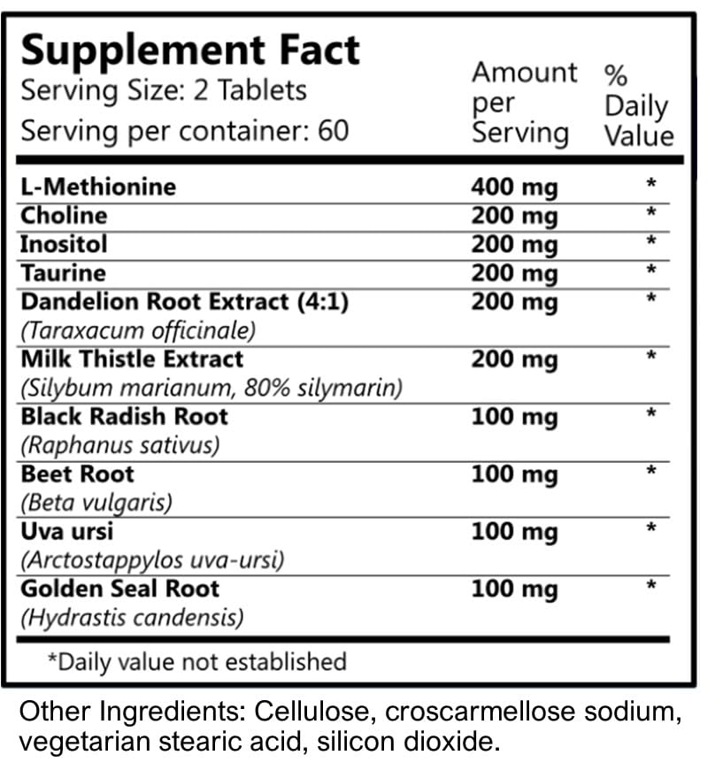 Close-up of Liva-Vite tablet ingredients
