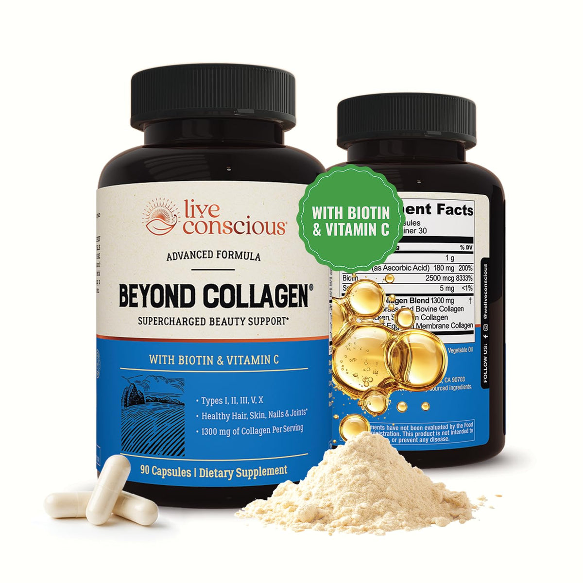 Bottle of Live Conscious Beyond Collagen with label facing forward
