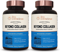 Live Conscious Beyond Collagen bottle front with 90 capsules for daily beauty support.