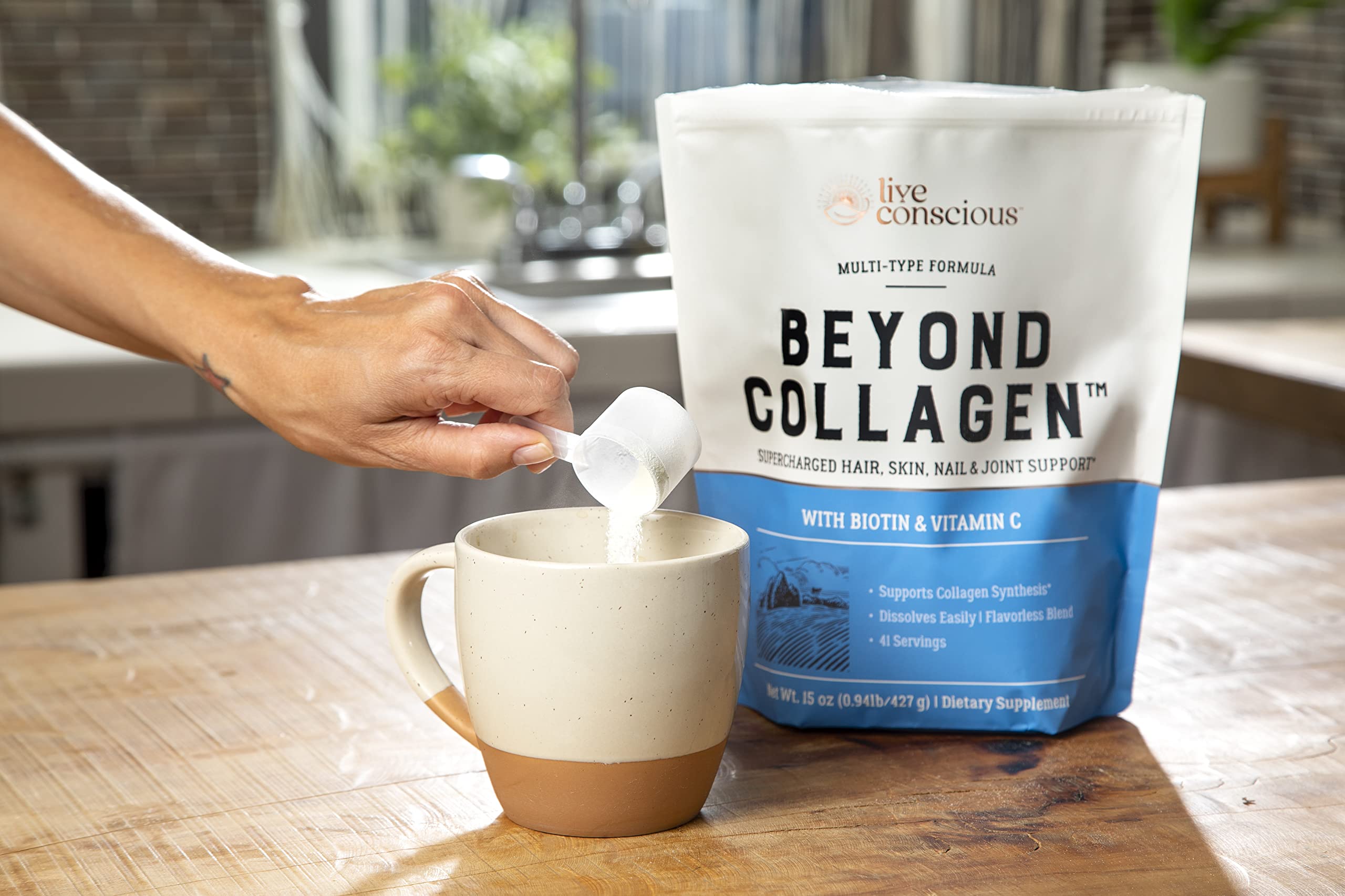 Live Conscious Beyond Collagen close-up highlights fine powder texture.