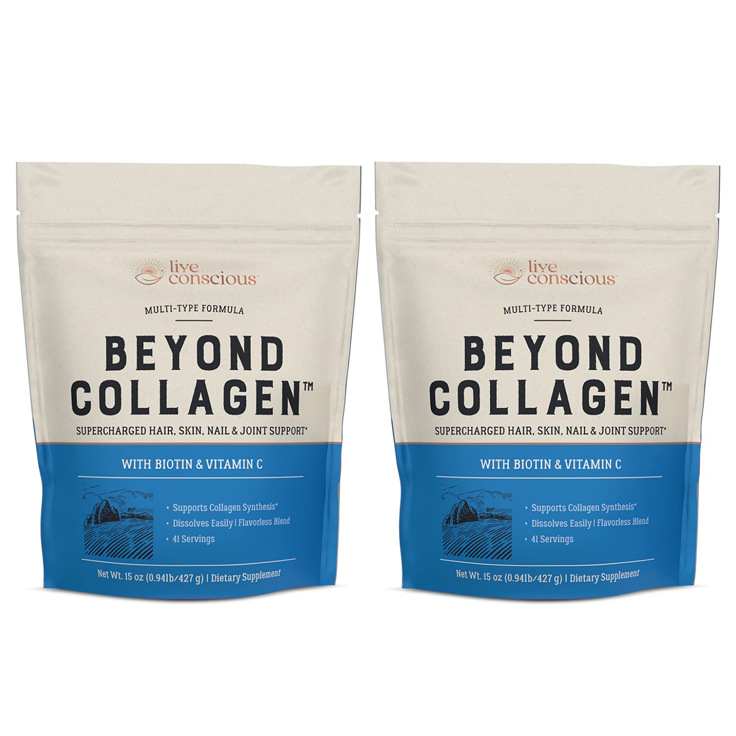 Live Conscious Beyond Collagen Powder bottle with scoop on white background