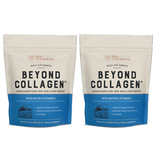 Live Conscious Beyond Collagen Powder bottle with scoop on white background