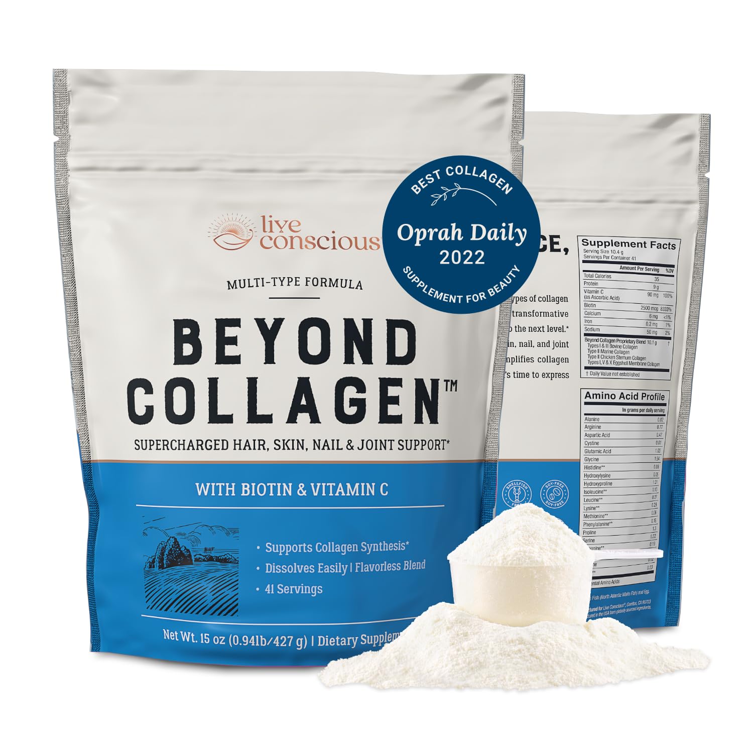 Live Conscious Beyond Collagen tub label shows skin-support ingredients.