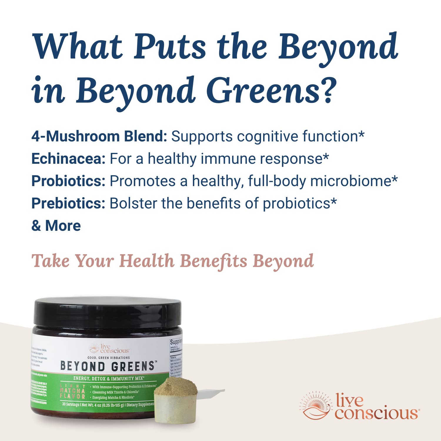 Live Conscious Beyond Greens probiotic-prebiotic packets support gut health