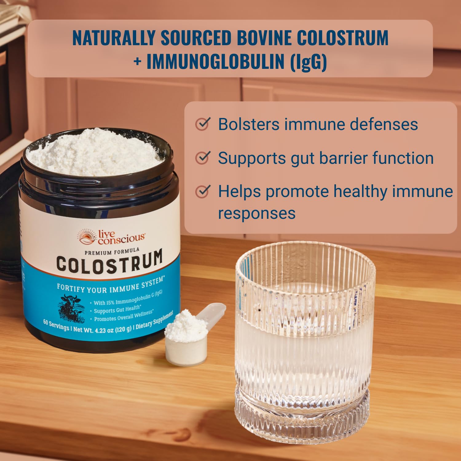Scooped grass-fed bovine colostrum powder