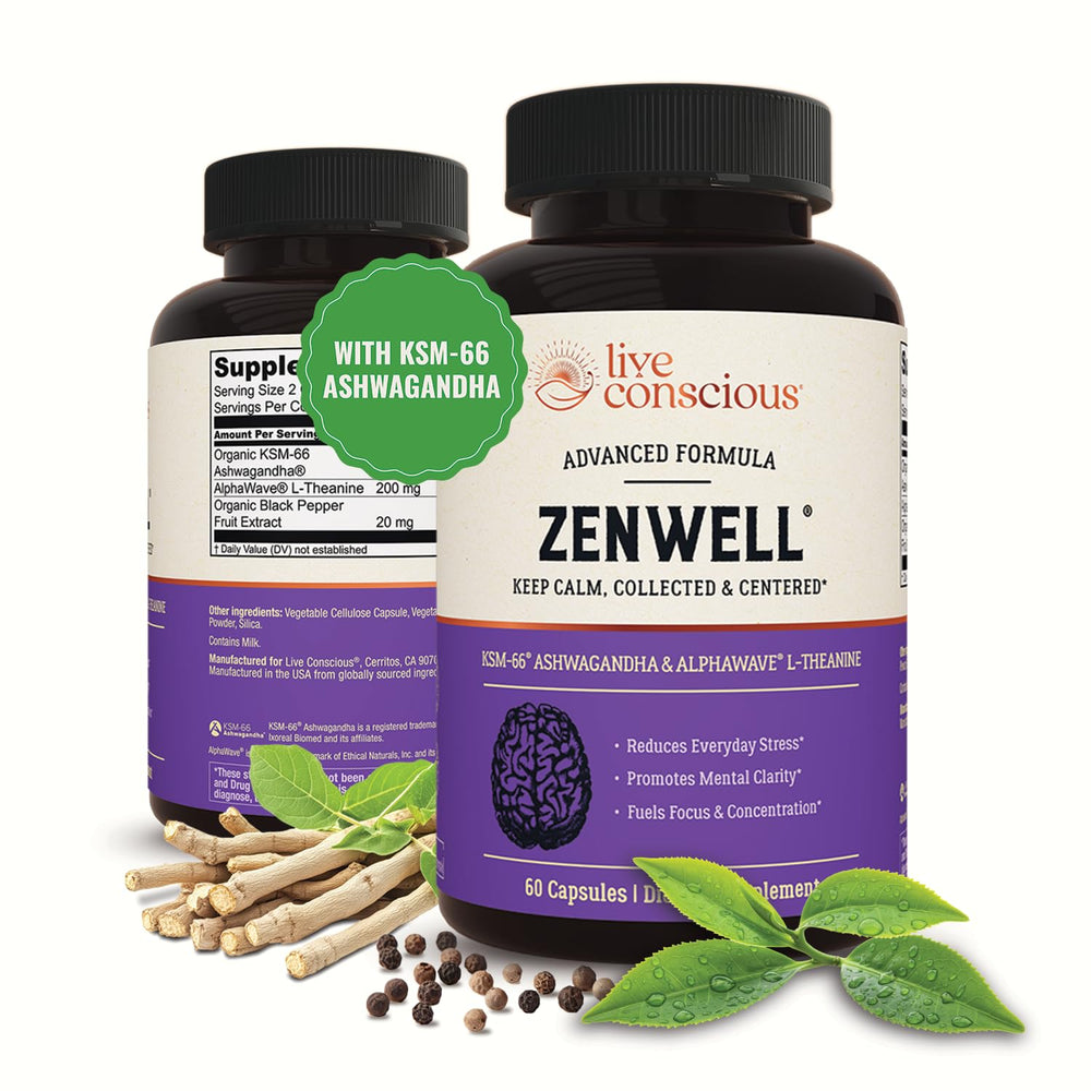 ZenWell Live Conscious KSM-66 Ashwagandha bottle with L-Theanine and AlphaWave