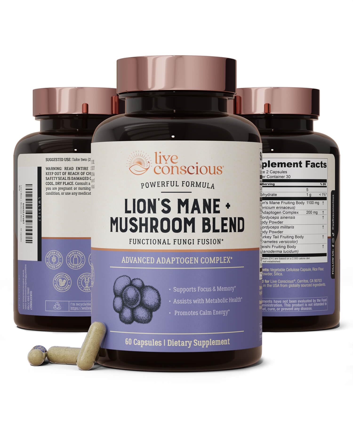 Bottle of Live Conscious Lions Mane Mushroom Supplement for brain support