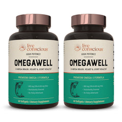 Live Conscious OmegaWell bottle front, burp-free daily omega-3 use