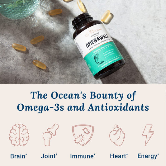 Close-up of enteric-coated burpless OmegaWell fish oil softgels
