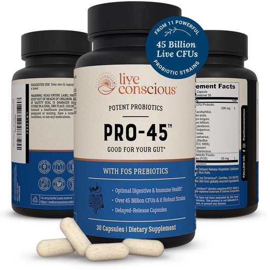 Live Conscious PRO45 probiotic bottle front view