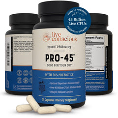 Dairy-free packaging for Live Conscious PRO45 probiotic.