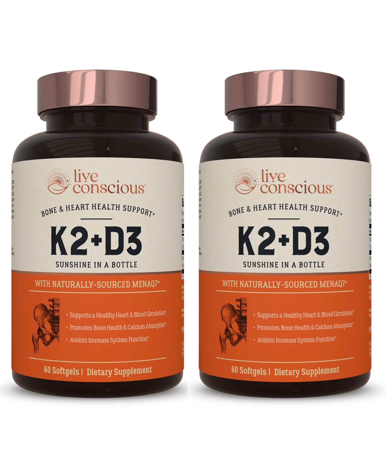 Live Conscious Vitamin K2 MK7 with D3 bottle front view for bone support