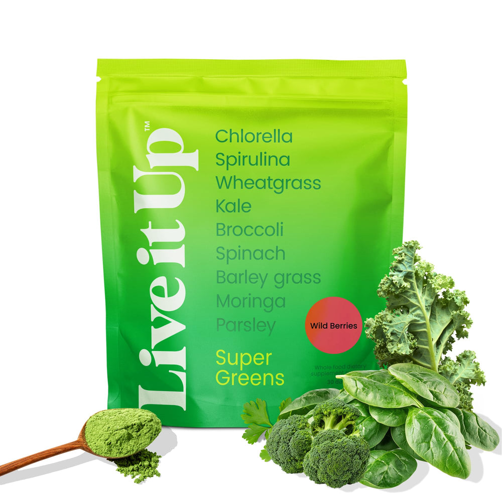 Front label of Live It Up Super Greens Berry powder