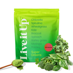 Front label of Live It Up Super Greens Berry powder
