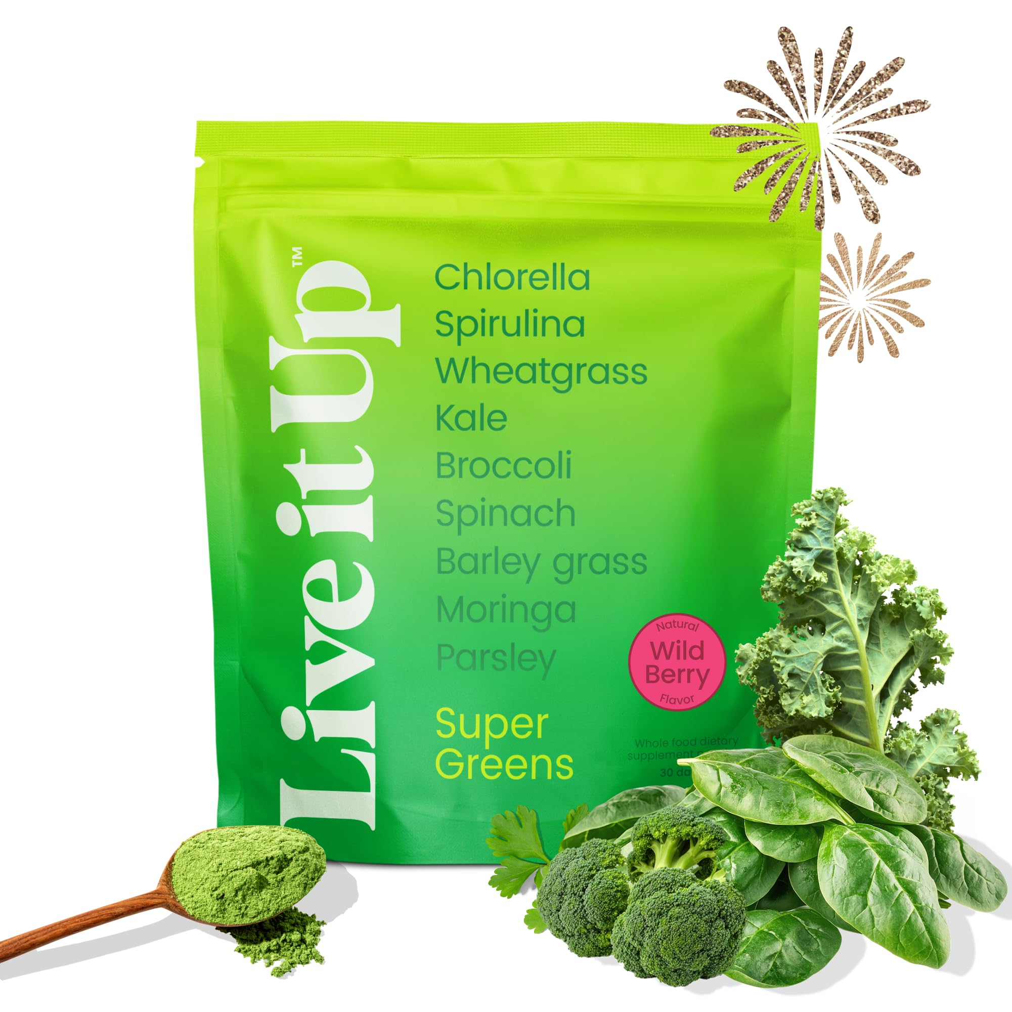 Live It Up Super Greens powder bottle ready for a daily greens boost