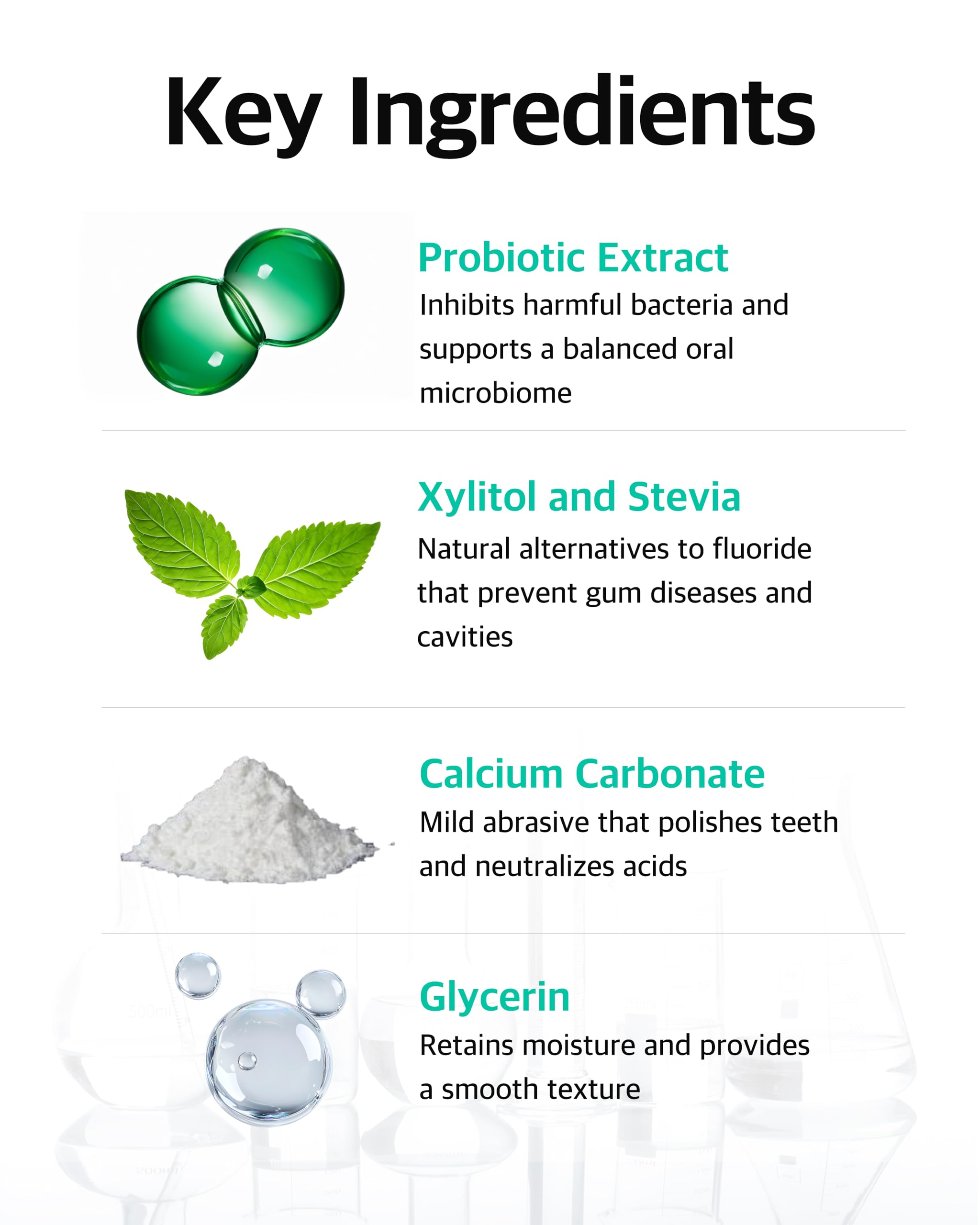 Natural ingredients display: xylitol, green tea, seaweed, honeysuckle