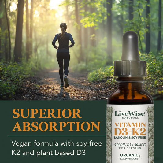 Close-up of Live Wise Naturals Vitamin D3+K2 5,000 IU bottle