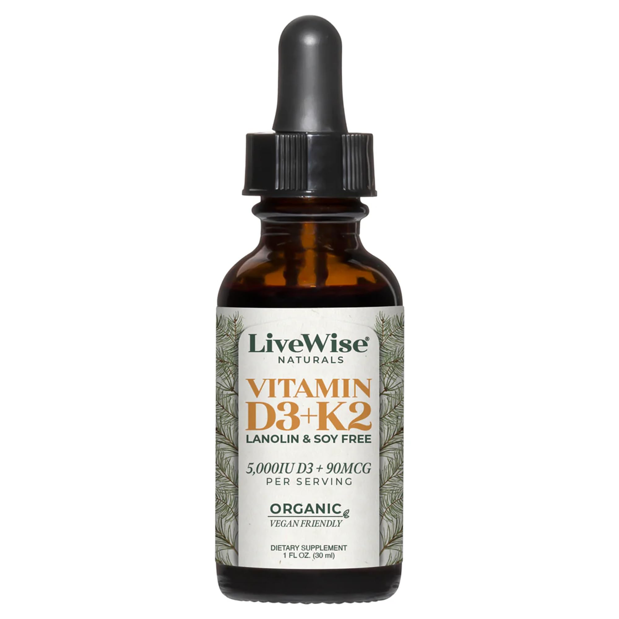 Live Wise Naturals Vitamin D3+K2 bottle with natural imagery
