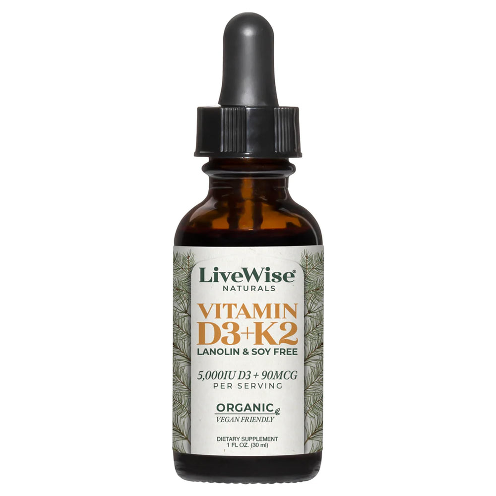 Live Wise Naturals Vitamin D3+K2 bottle with natural imagery