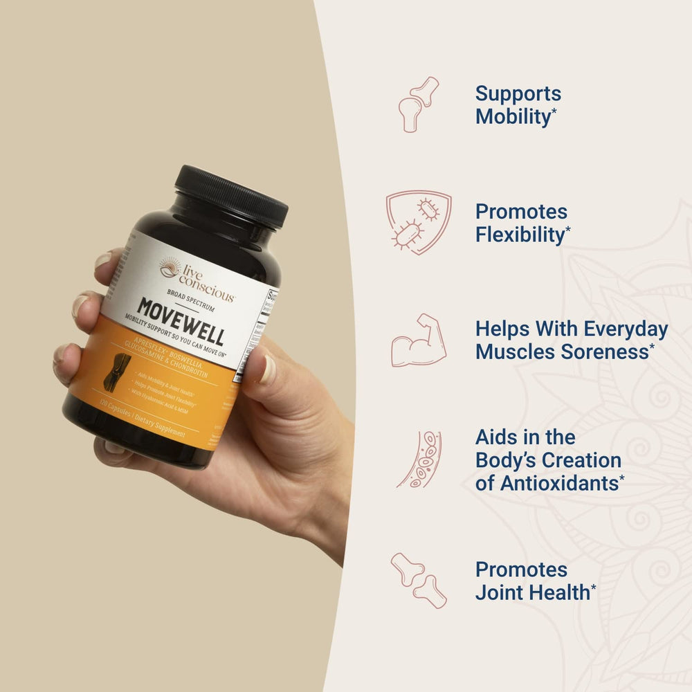 MoveWell capsules close-up shows pale capsules ready for daily supplementation.
