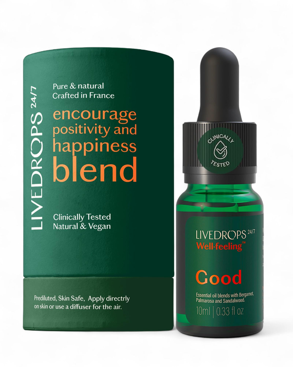 Front view of LIVEDROPS 24/7 Bergamot Palmarosa Sandalwood 10ml bottle