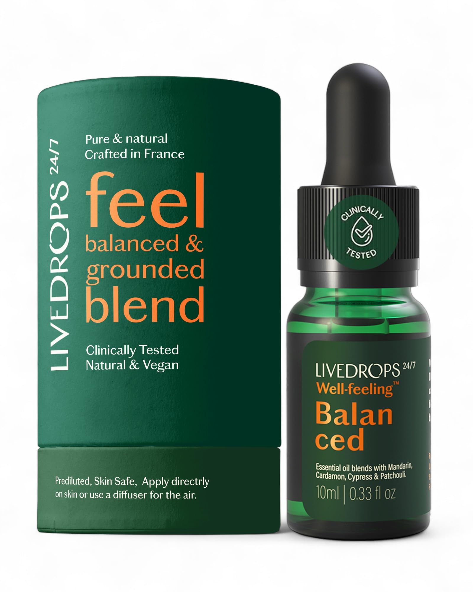 LIVEDROPS Balanced essential oil blend bottle with mandarin notes