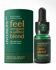 Livedrops energized essential oil bottle with Bergamot Ginger Pink Pepper label