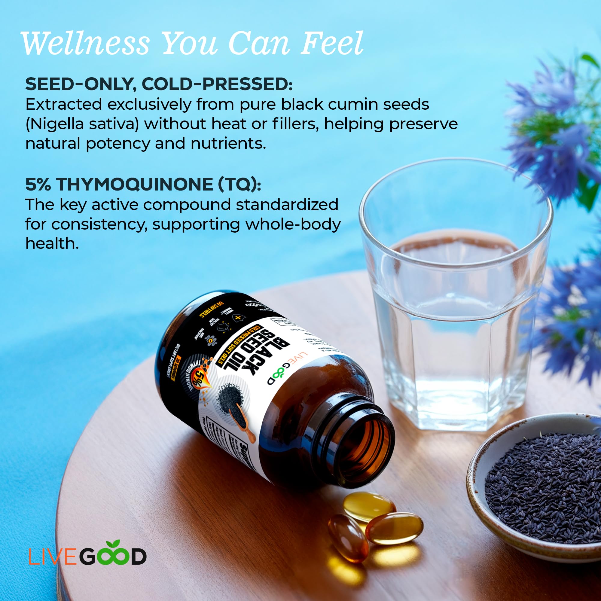 Nutrition label of LIVEGOOD Black Seed Oil showing ingredients