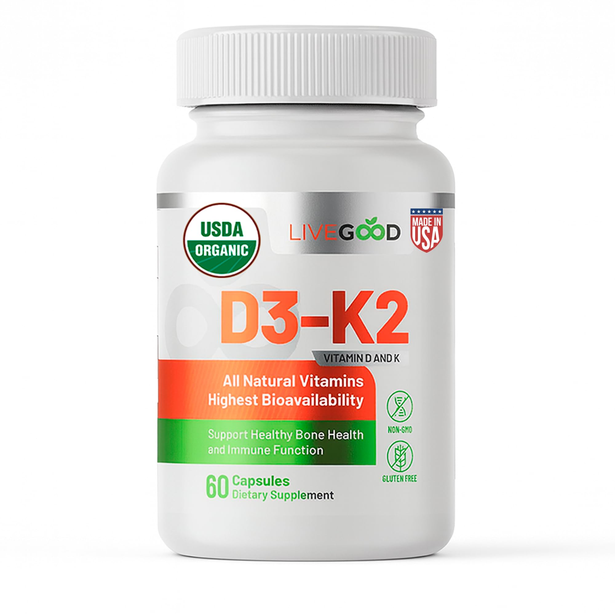 LIVEGOOD D3-K2 bottle with 60 capsules and label