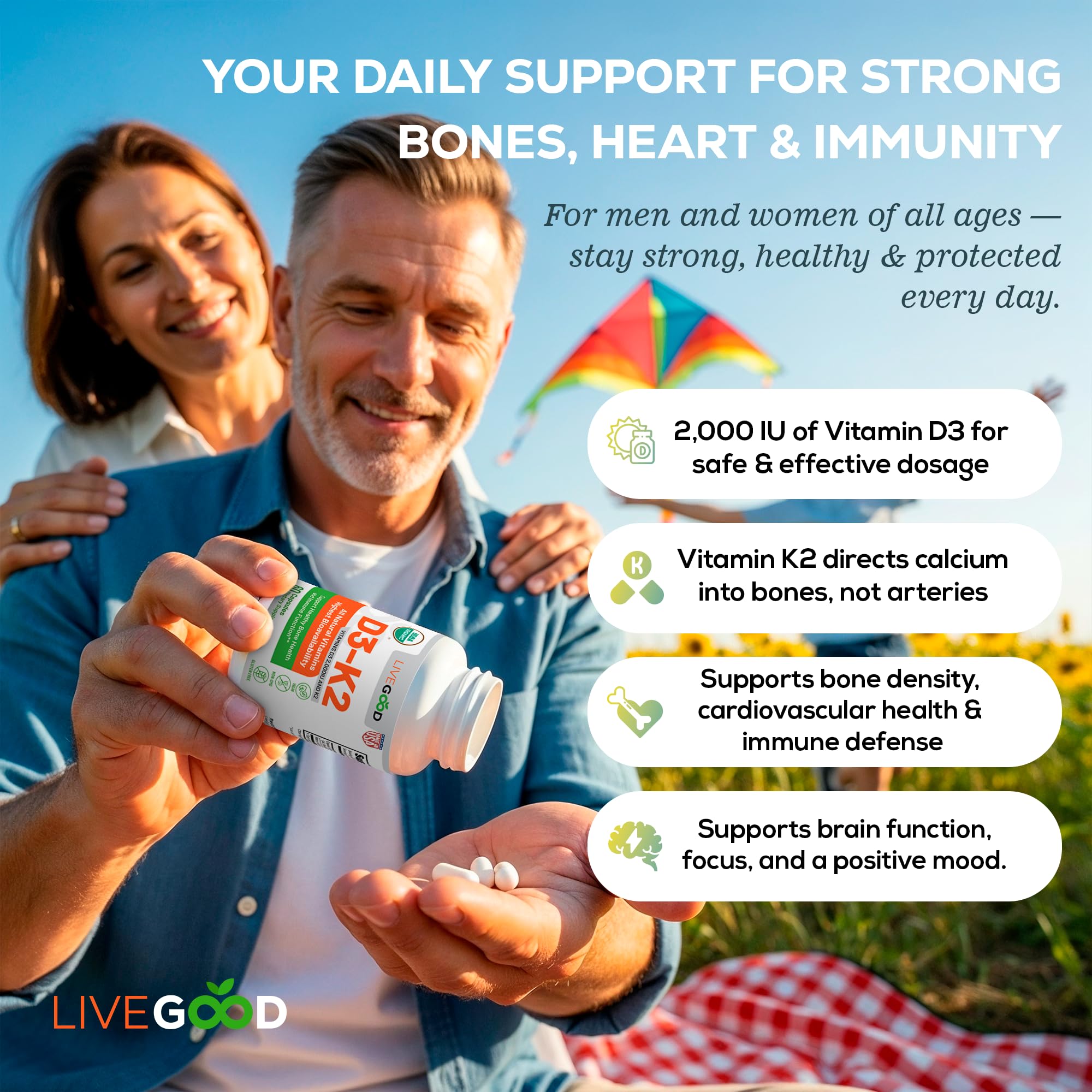 Easy-to-swallow LIVEGOOD D3-K2 capsules for daily use