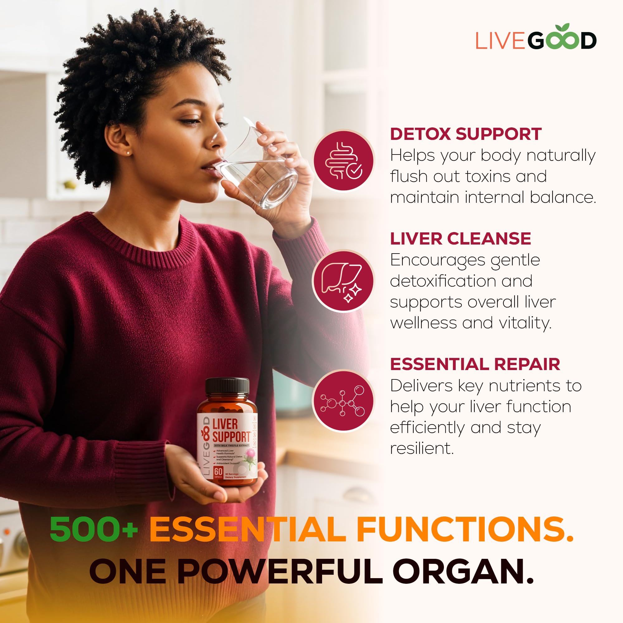 Liver support ingredients on label: milk thistle, dandelion root, turmeric