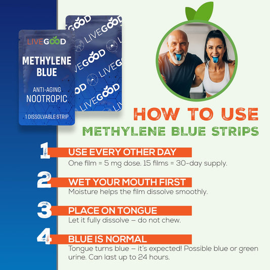 Close-up of a methylene blue oral strip (20mg)