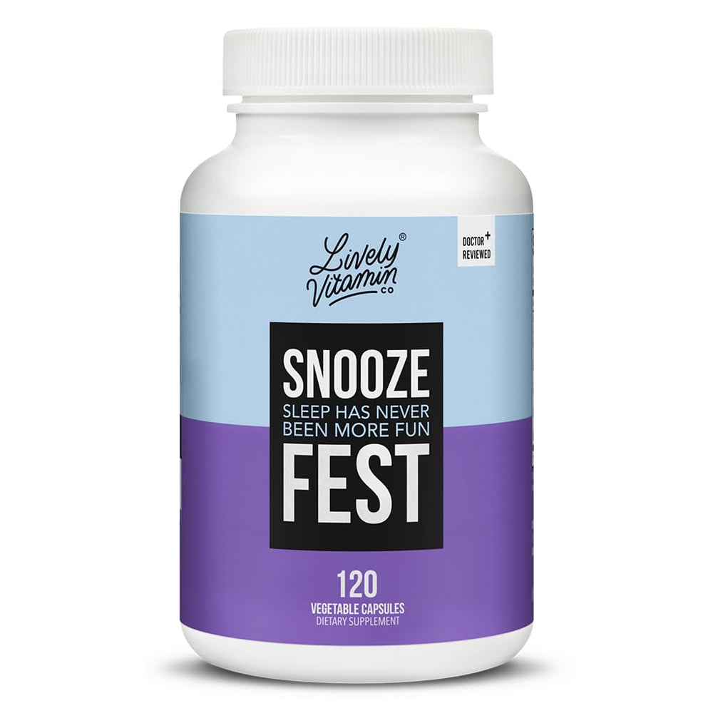 Bottle of LIVELY VITAMIN CO Snooze Fest capsules on a white background
