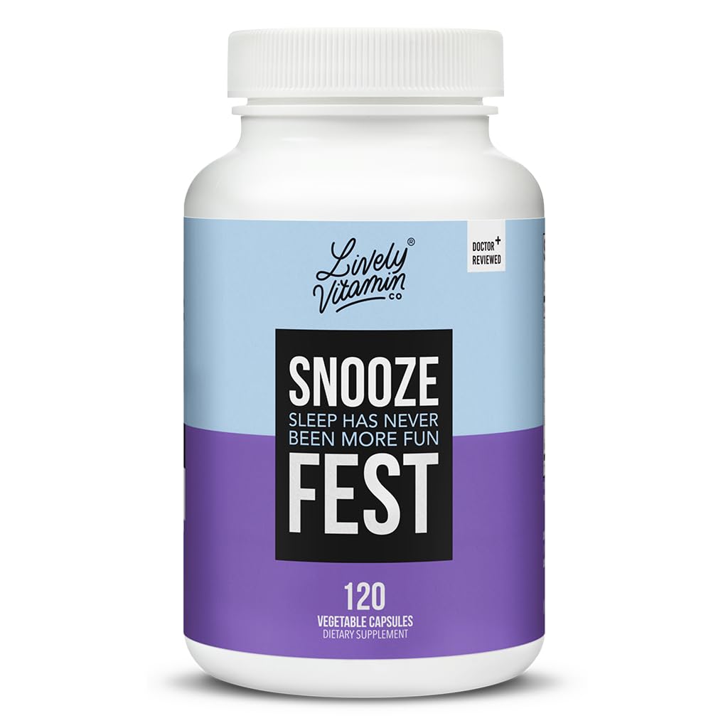 Bottle of LIVELY VITAMIN CO Snooze Fest capsules on a white background