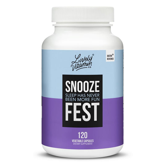 Bottle of LIVELY VITAMIN CO Snooze Fest capsules on a white background