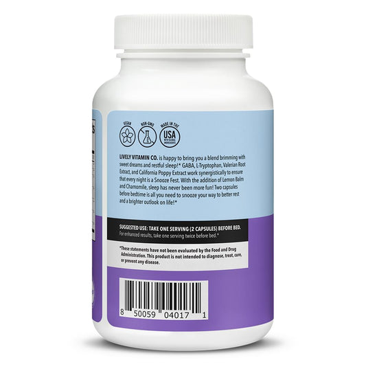 Close-up of Snooze Fest capsules highlighting natural sleep ingredients