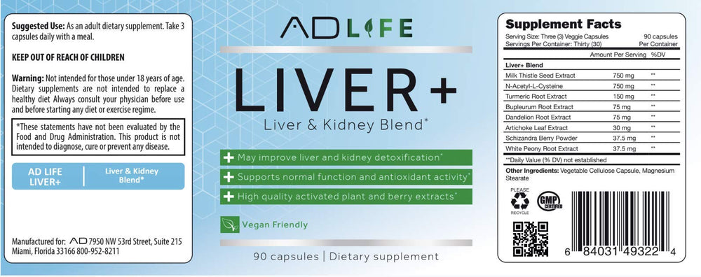 Liver+ bottle showing 90 capsules and label