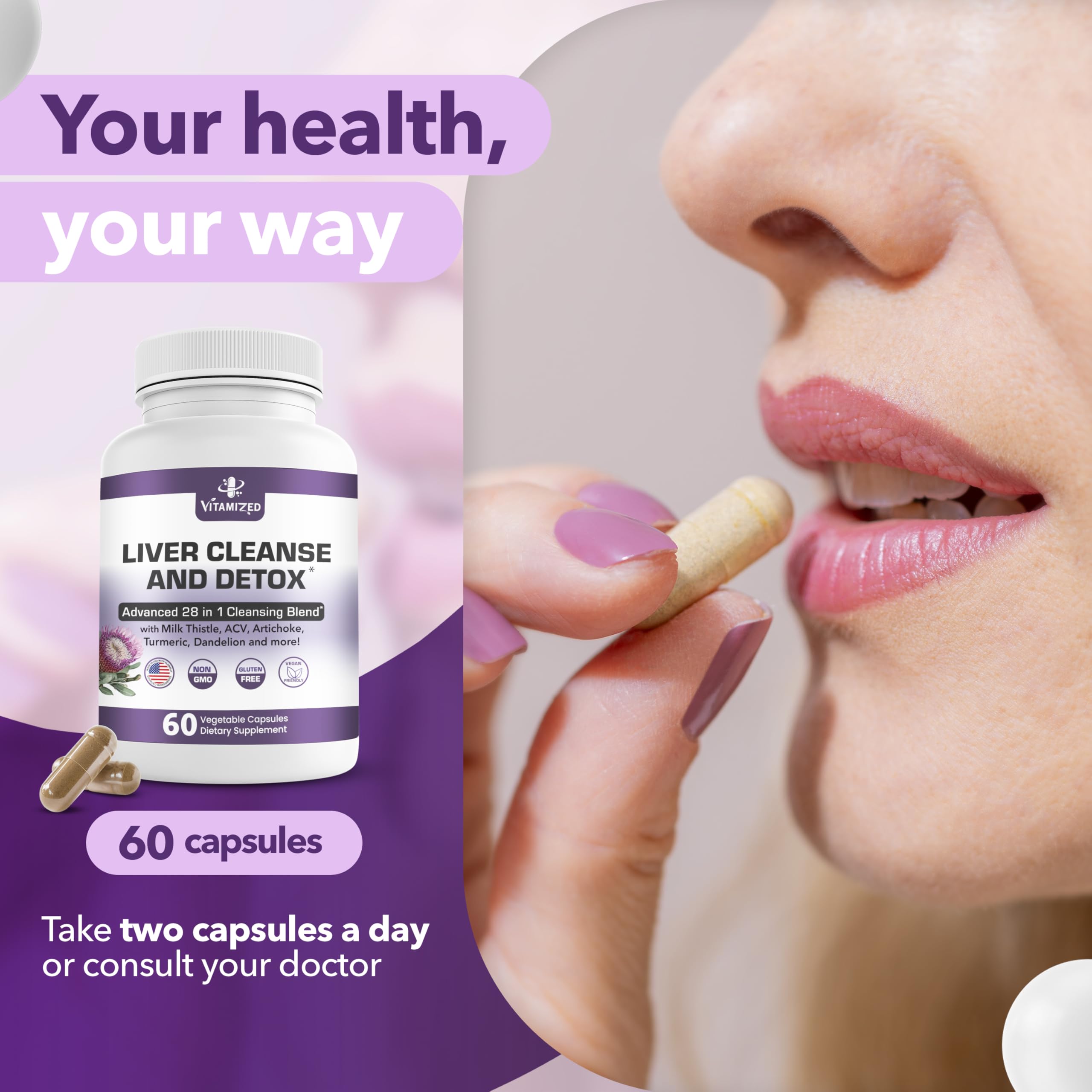 Supplement bottle with text highlighting liver health