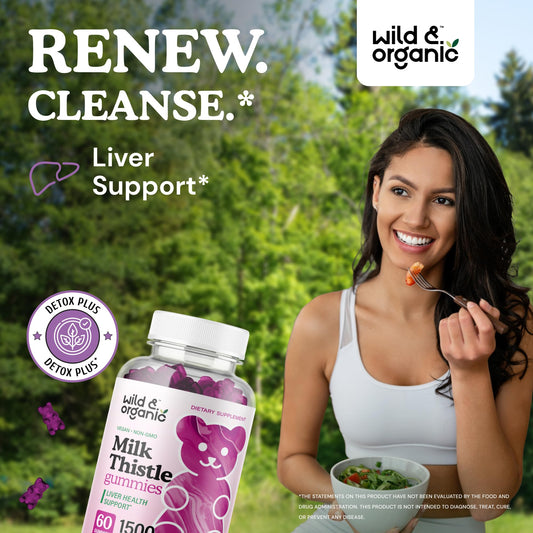 Bottle displaying Wild & Organic Milk Thistle Gummies with blueberry flavor