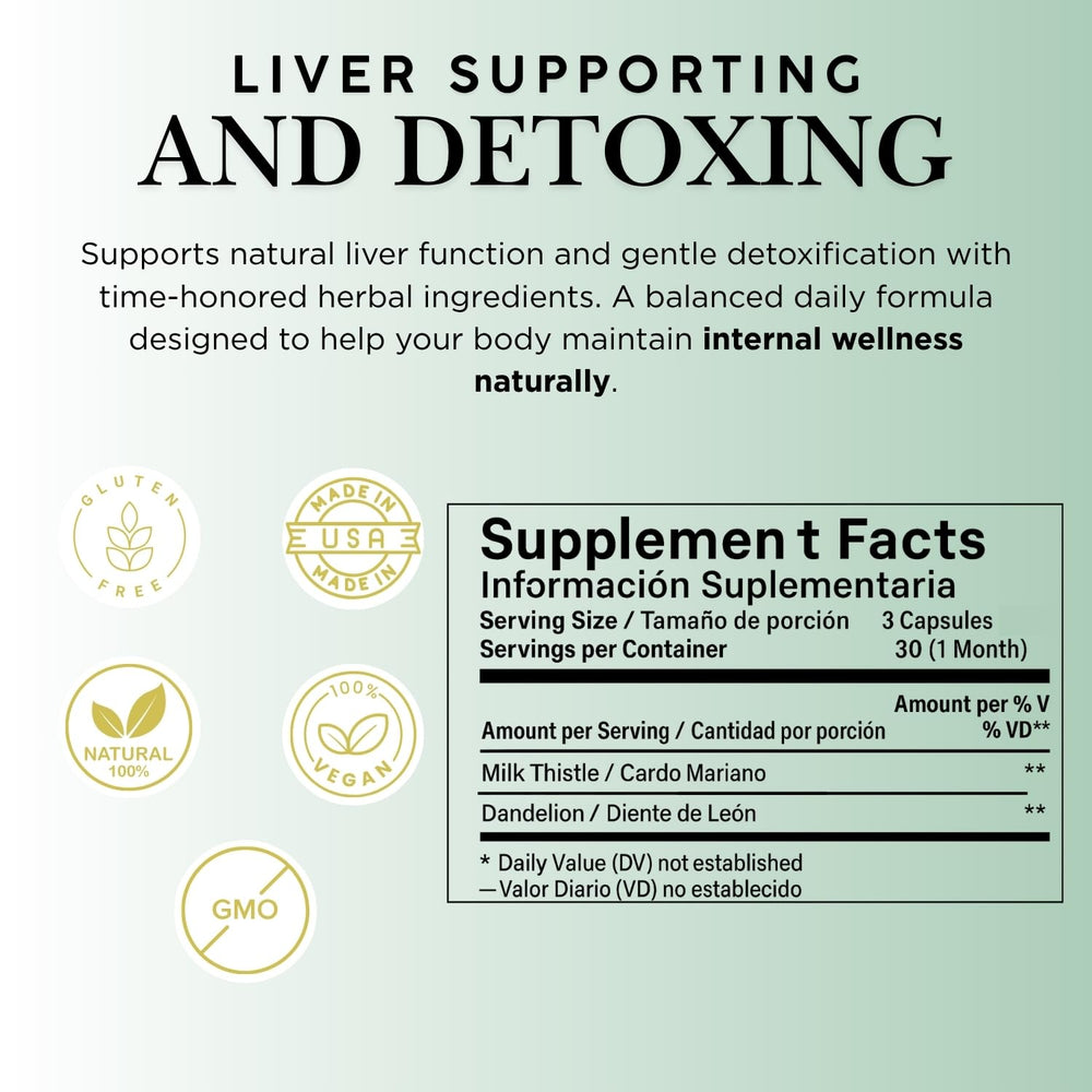 Liver detox support capsules featuring Milk Thistle and Dandelion Root artwork