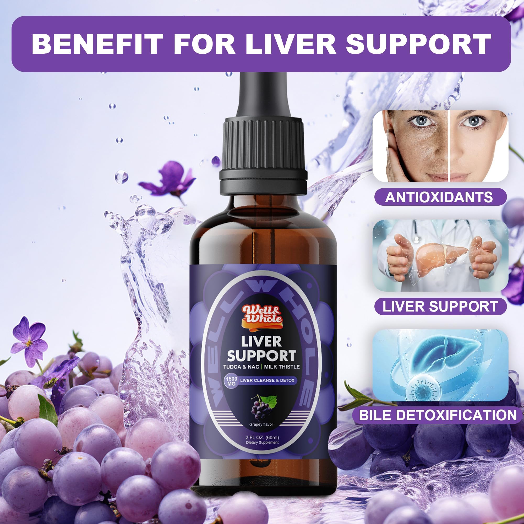 Illustration of ingredients: milk thistle, NAC, dandelion, artichoke