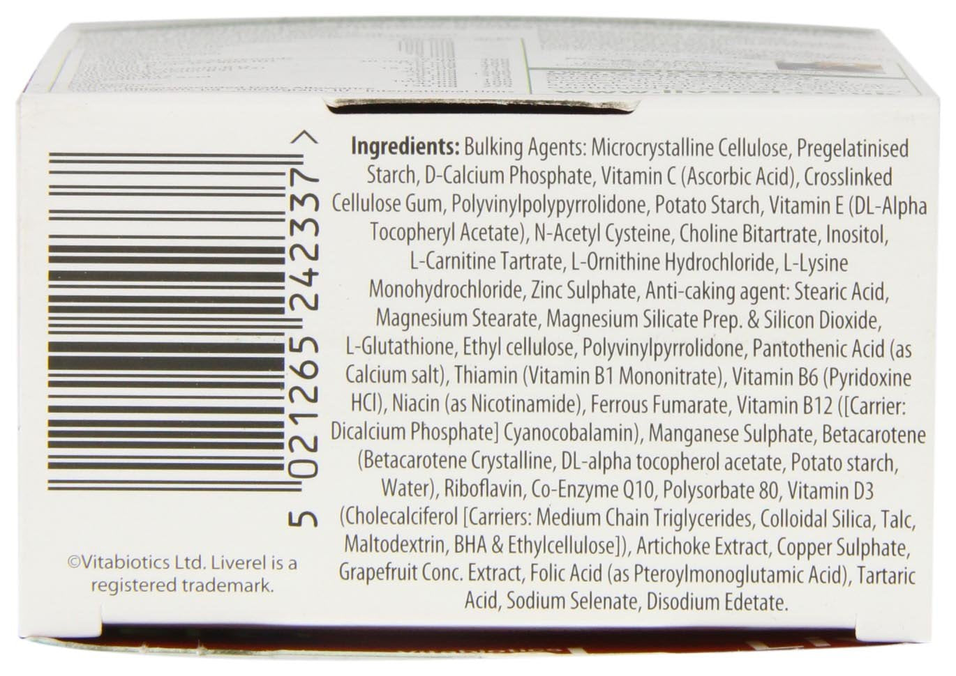 Liverel bottle with cap removed showing tablets