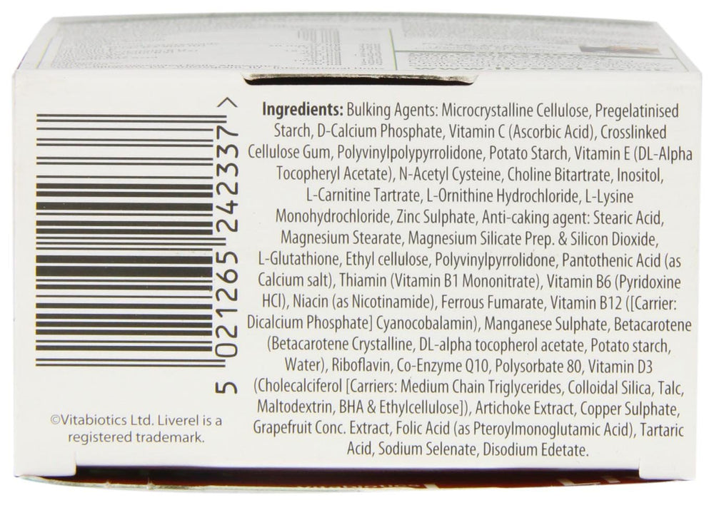 Liverel bottle with cap removed showing tablets