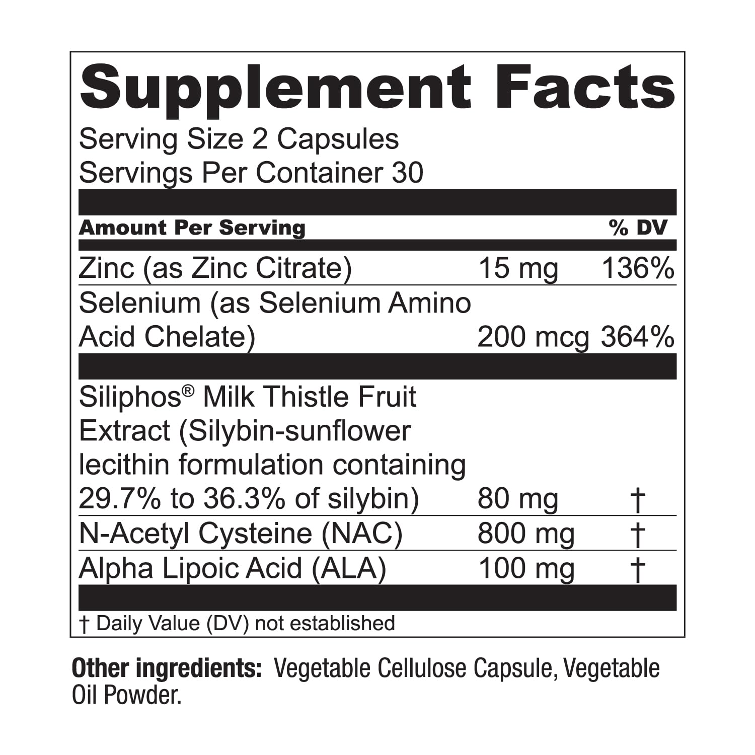 N-acetyl cysteine, alpha-lipoic acid, zinc and selenium ingredients