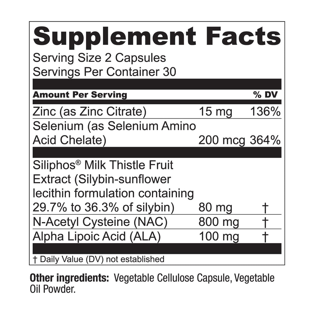 N-acetyl cysteine, alpha-lipoic acid, zinc and selenium ingredients