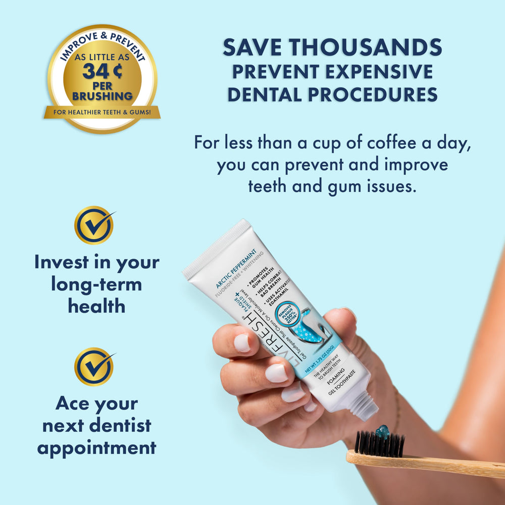 Product shot of LIVFRESH toothpaste on a bathroom counter