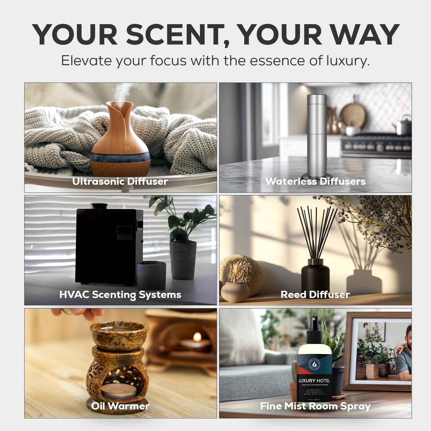 Living room scene with Luxury Hotel scent diffuser oil