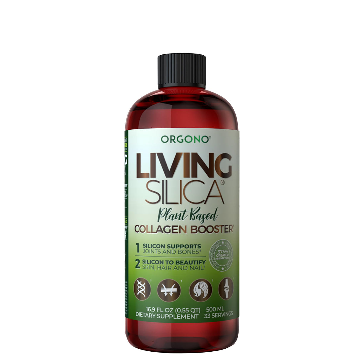 Living Silica plant-based collagen booster bottle and packaging on white background